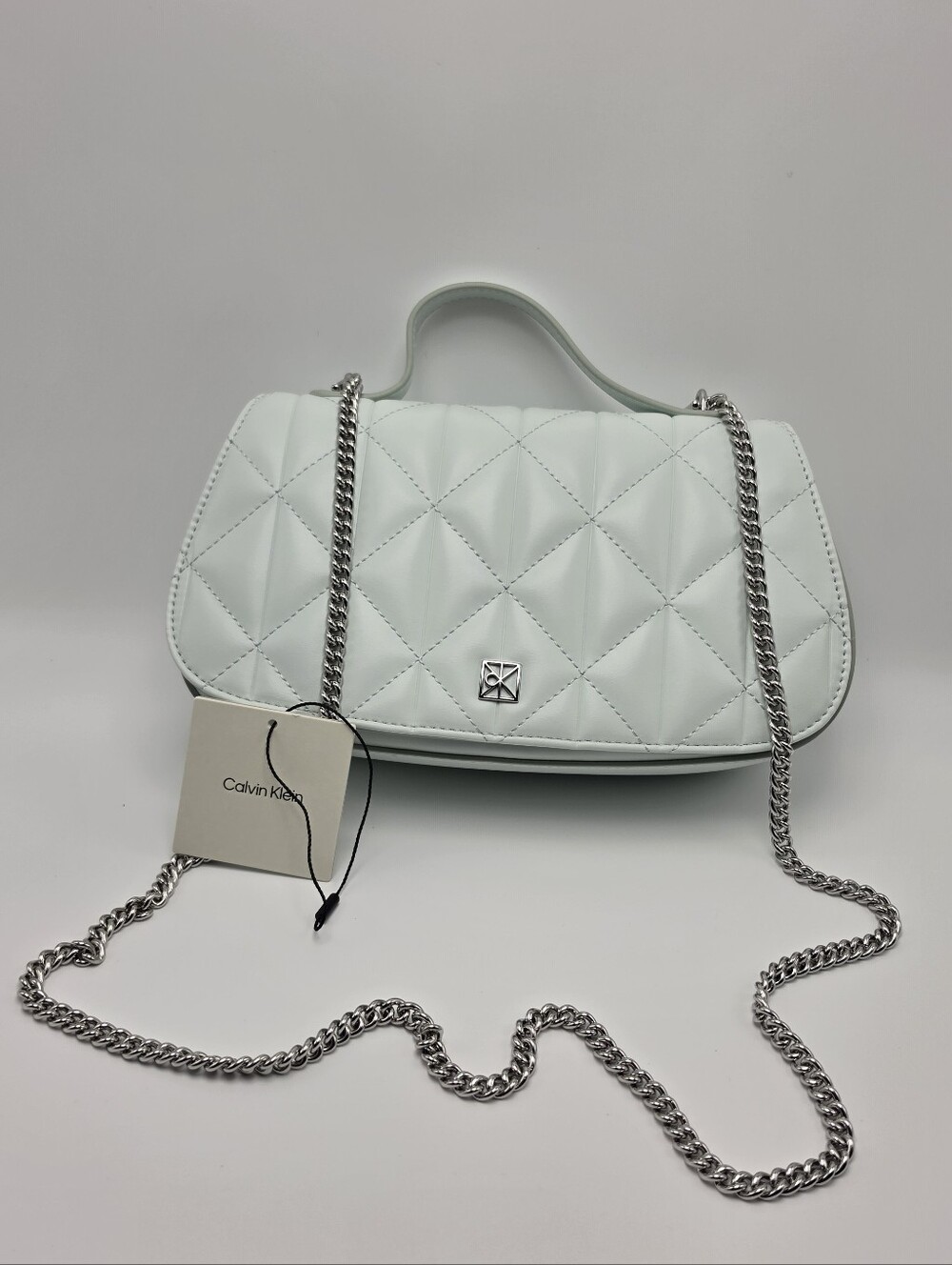 Calvin Klein Women's Quilted Emblem Handle Chain Shoulder Bag In Whispering Blue